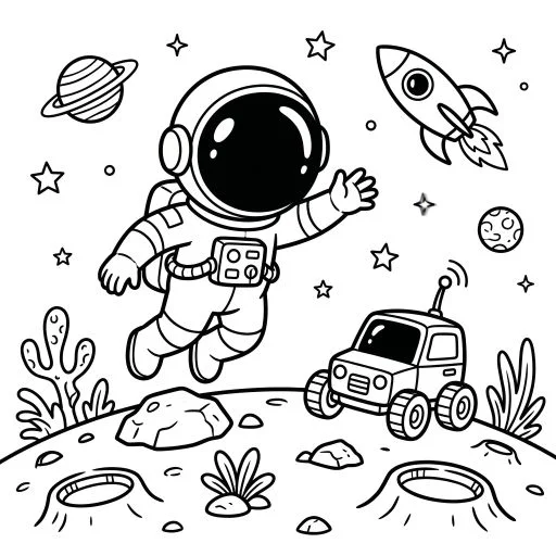 Astronaut Exploring Moon With Rover Coloring Page