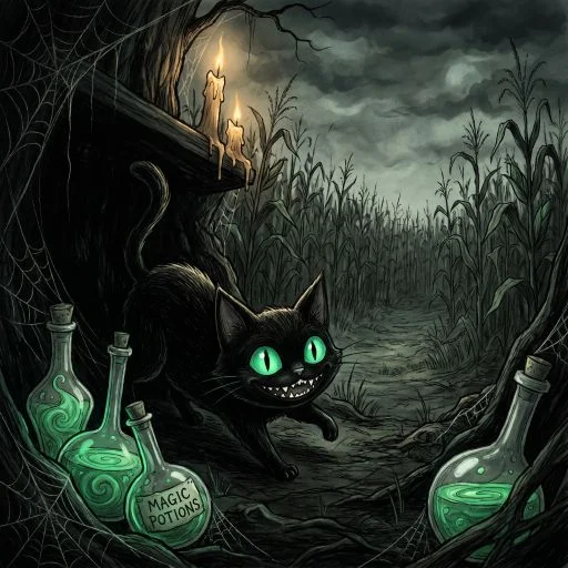 Black Cat Crawling Out Shadows Halloween