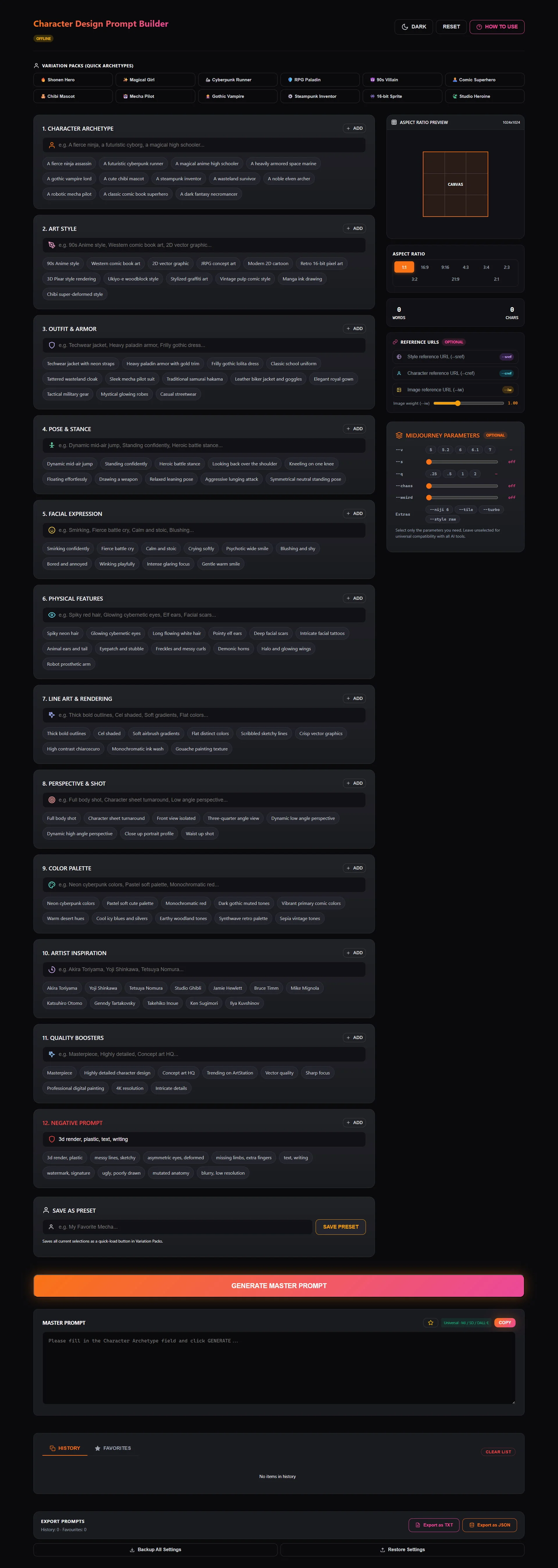Character Design Prompt Builder Interface