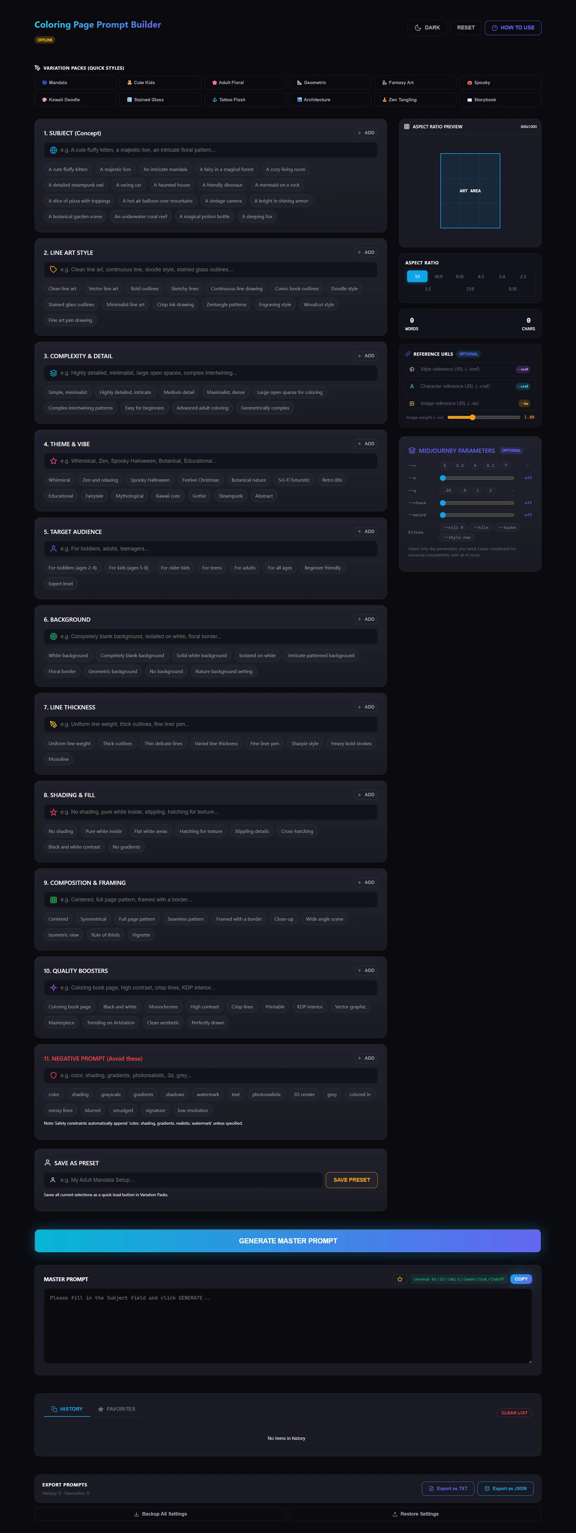 Coloring Page Prompt Builder Offline Html Tool