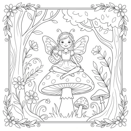 Fairy Sitting On Mushroom Forest Coloring Page