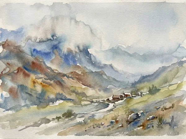 Mountain Range Misty Atmospheric Watercolor