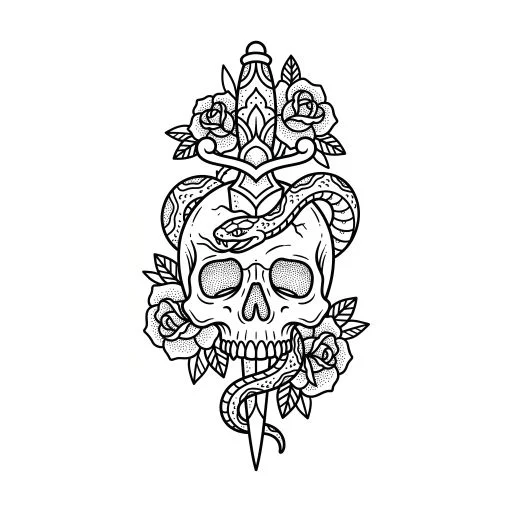 Skull Snake Roses Dagger Art Coloring Page