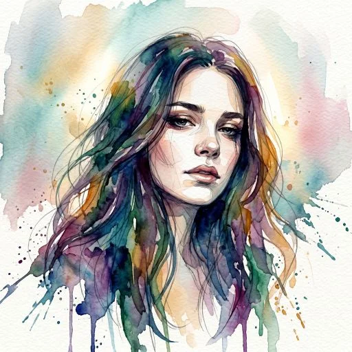 Woman With Flowing Hair Watercolor